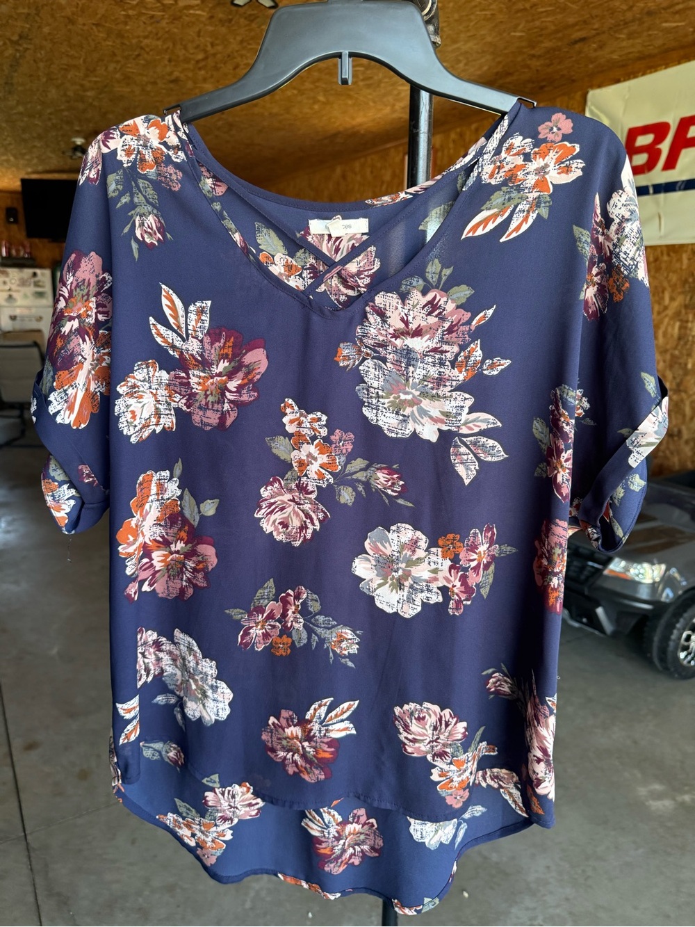 Maurices Navy Floral V-Neck Blouse with Pink & Orange Blooms